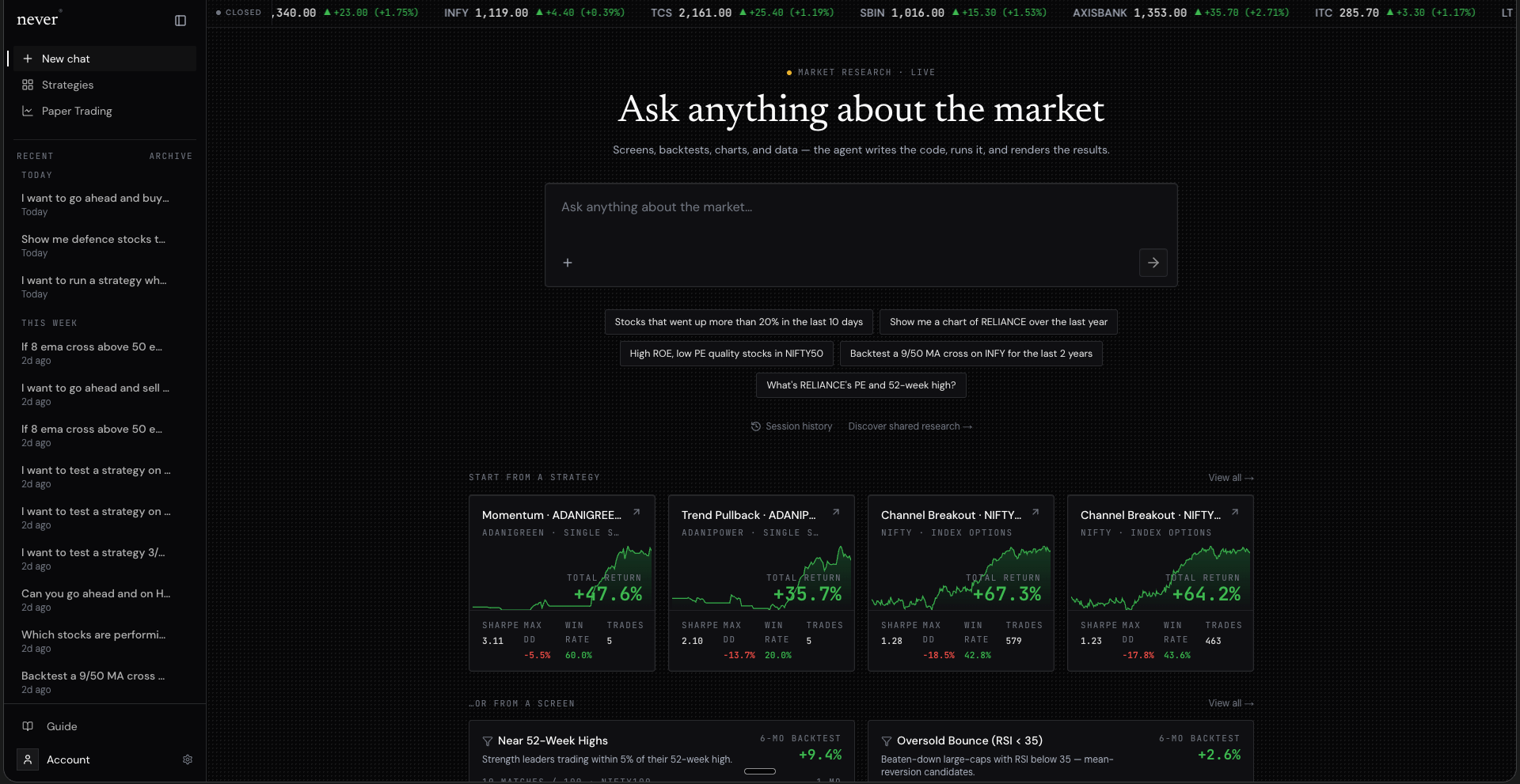 The Avsar workspace — chat-driven research with live strategy backtests, charts, and reports